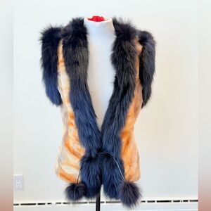 Authentic multi-colored fur vest with dark fox fur trims | real fur gilet women